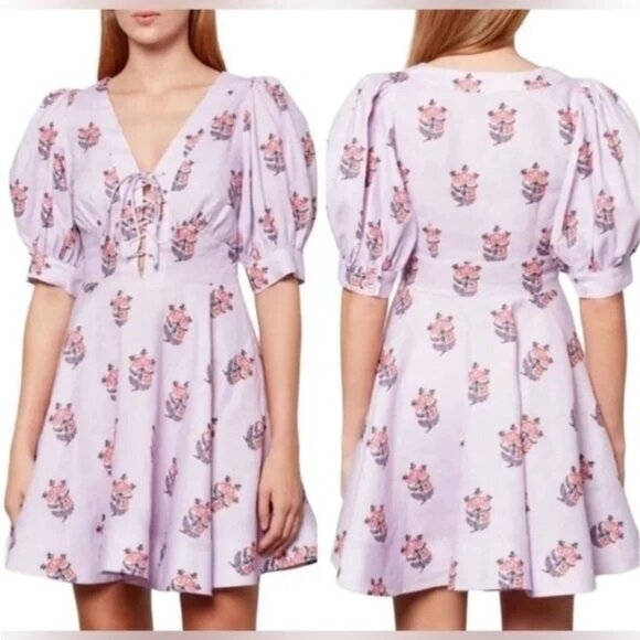 House of Harlow Puff Sleeve Babydoll Fairy V Tie Neck Fit and Flare Mini Dress 6 - Picture 1 of 10